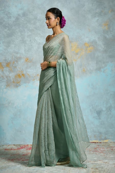 Dressfolk Aqua Handloom Cotton Crinkled Tissue Saree With Running Blouse Online at Aza Fashions Dressfolk_Aqua Handloom Cotton Crinkled Tissue Saree With Running Blouse _Online_at_Aza_Fashions