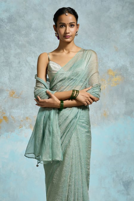 Buy Dressfolk Aqua Handloom Cotton Crinkled Tissue Saree With Running Blouse Online at Aza Fashions Buy_Dressfolk_Aqua Handloom Cotton Crinkled Tissue Saree With Running Blouse _Online_at_Aza_Fashions