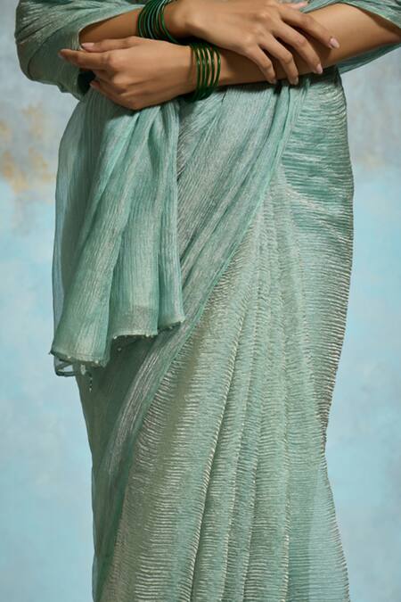 Dressfolk Aqua Handloom Cotton Crinkled Tissue Saree With Running Blouse at Aza Fashions Dressfolk_Aqua Handloom Cotton Crinkled Tissue Saree With Running Blouse _at_Aza_Fashions