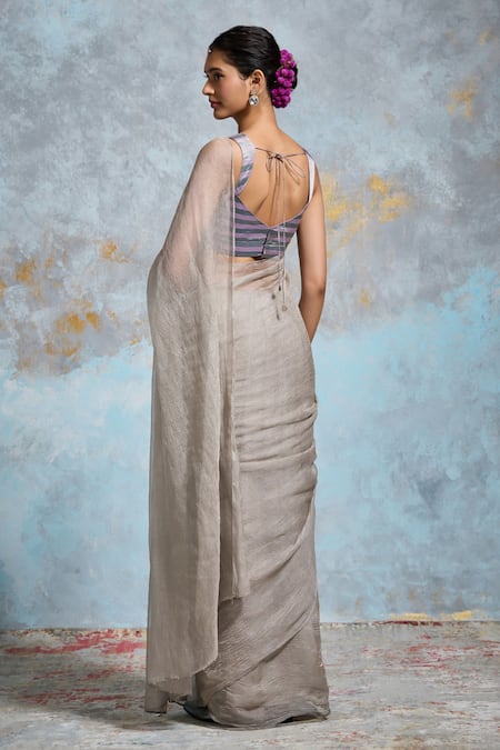 Shop Dressfolk Silver Handloom Cotton Crinkled Tissue Saree Set With Running Blouse at Aza Fashions Shop_Dressfolk_Silver Handloom Cotton Crinkled Tissue Saree Set With Running Blouse _at_Aza_Fashions