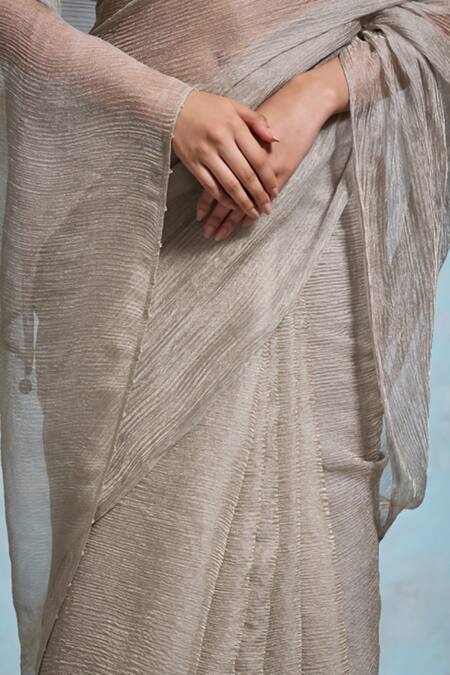 Dressfolk Silver Handloom Cotton Crinkled Tissue Saree Set With Running Blouse at Aza Fashions Dressfolk_Silver Handloom Cotton Crinkled Tissue Saree Set With Running Blouse _at_Aza_Fashions
