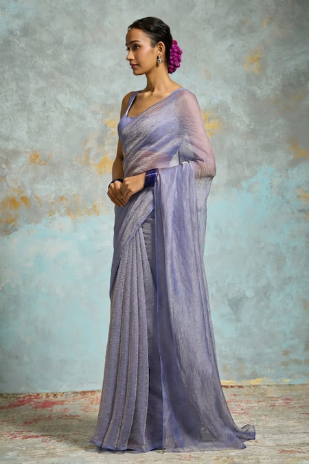 Dressfolk_Purple Handloom Cotton Plain Crinkled Tissue Saree With Running Blouse _Online_at_Aza_Fashions