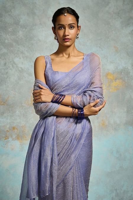 Buy_Dressfolk_Purple Handloom Cotton Plain Crinkled Tissue Saree With Running Blouse _Online_at_Aza_Fashions