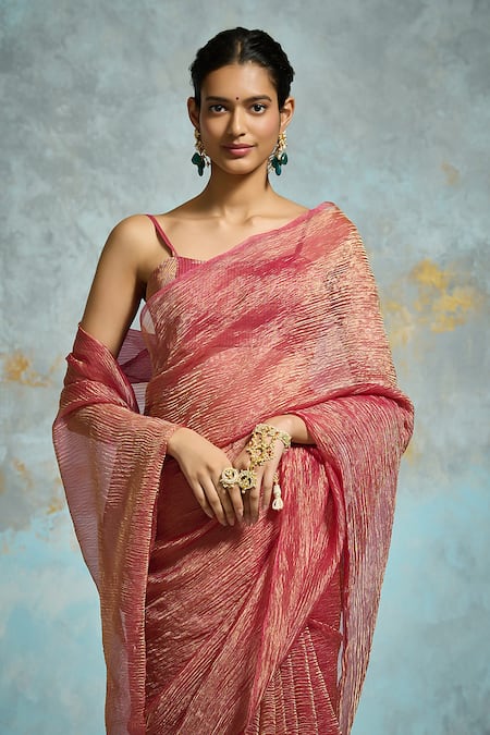 Buy Dressfolk Pink Handloom Cotton Textured Plain Tissue Saree With Running Blouse Online at Aza Fashions Buy_Dressfolk_Pink Handloom Cotton Textured Plain Tissue Saree With Running Blouse _Online_at_Aza_Fashions