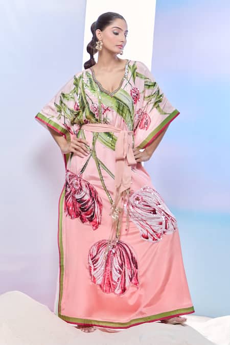Pria Kataria Puri_Peach Crepe Print Tulip Blossom V Neck Kaftan _Online_at_Aza_Fashions
