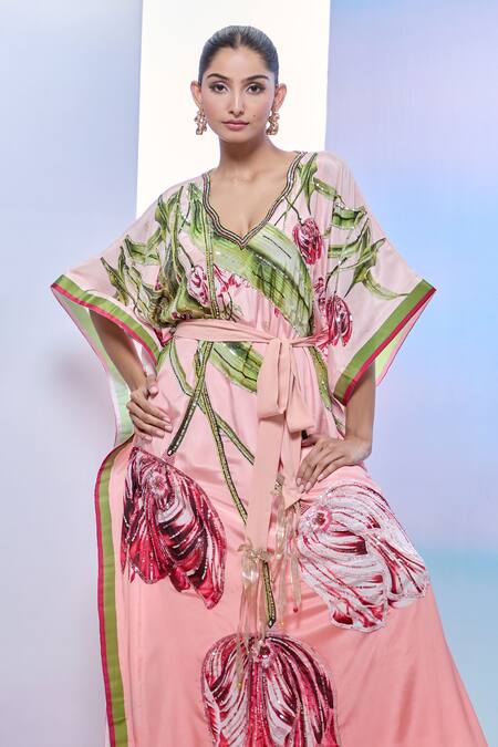 Buy_Pria Kataria Puri_Peach Crepe Print Tulip Blossom V Neck Kaftan _Online_at_Aza_Fashions
