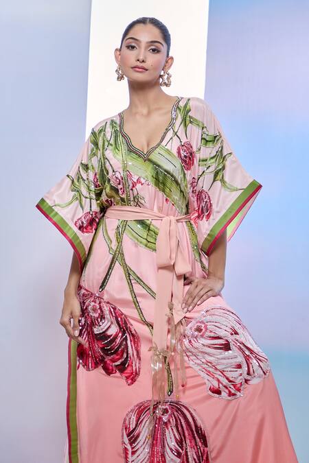Shop_Pria Kataria Puri_Peach Crepe Print Tulip Blossom V Neck Kaftan _Online_at_Aza_Fashions