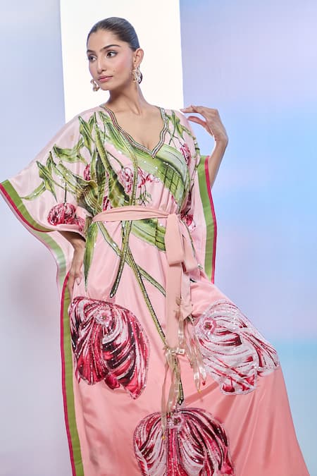 Pria Kataria Puri_Peach Crepe Print Tulip Blossom V Neck Kaftan _at_Aza_Fashions