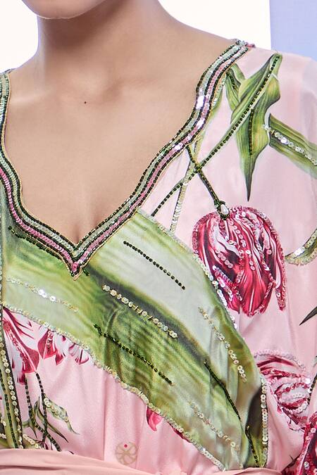 Shop_Pria Kataria Puri_Peach Crepe Print Tulip Blossom V Neck Kaftan 