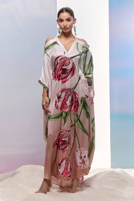 Pria Kataria Puri_White Satin Print Tulip Blossom Halter Neck Kaftan _Online_at_Aza_Fashions