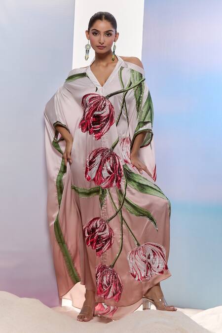 Buy_Pria Kataria Puri_White Satin Print Tulip Blossom Halter Neck Kaftan _Online_at_Aza_Fashions