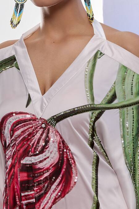 Shop_Pria Kataria Puri_White Satin Print Tulip Blossom Halter Neck Kaftan _Online_at_Aza_Fashions