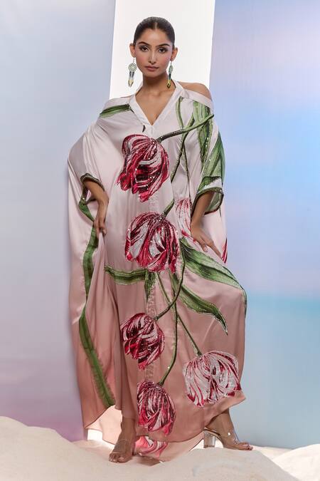 Pria Kataria Puri_White Satin Print Tulip Blossom Halter Neck Kaftan _at_Aza_Fashions