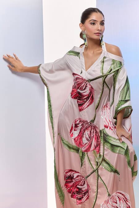 Buy_Pria Kataria Puri_White Satin Print Tulip Blossom Halter Neck Kaftan 