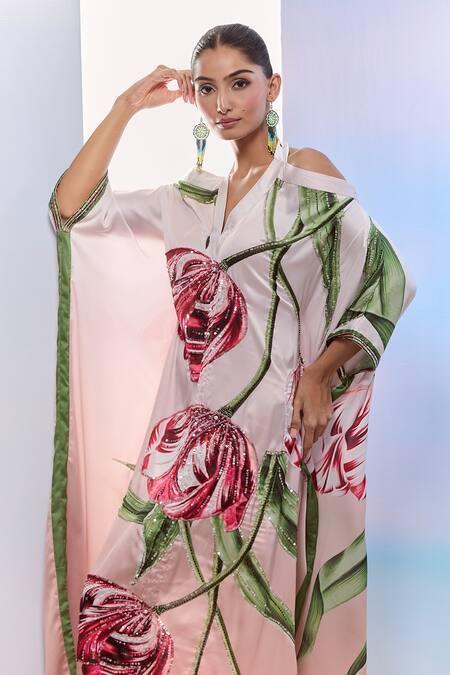 Shop_Pria Kataria Puri_White Satin Print Tulip Blossom Halter Neck Kaftan 