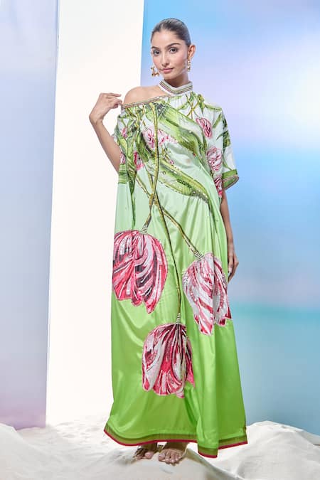 Pria Kataria Puri Green Silk Tulip Blossom Embroidered Kaftan 