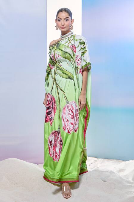 Pria Kataria Puri_Green Silk Print Tulip Blossom Collared Neck Embroidered Kaftan _Online_at_Aza_Fashions