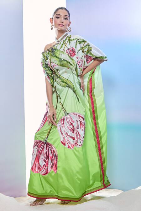 Buy_Pria Kataria Puri_Green Silk Print Tulip Blossom Collared Neck Embroidered Kaftan _Online_at_Aza_Fashions