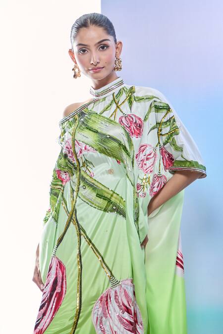 Shop_Pria Kataria Puri_Green Silk Print Tulip Blossom Collared Neck Embroidered Kaftan _Online_at_Aza_Fashions