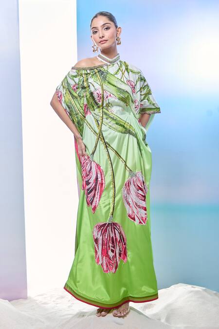 Pria Kataria Puri_Green Silk Print Tulip Blossom Collared Neck Embroidered Kaftan _at_Aza_Fashions