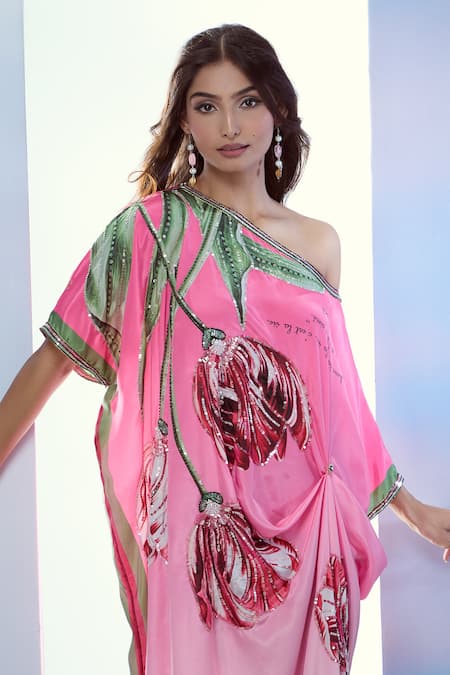Buy_Pria Kataria Puri_Multi Color Crepe Print Tulip Blossom Boat Neck Kaftan _Online_at_Aza_Fashions