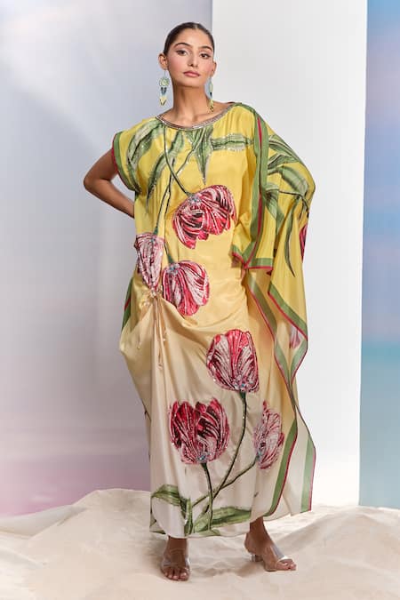 Pria Kataria Puri_Yellow Crepe Print Tulip Blossom Boat Neck Ombre Kaftan _Online_at_Aza_Fashions