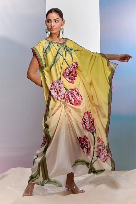 Buy_Pria Kataria Puri_Yellow Crepe Print Tulip Blossom Boat Neck Ombre Kaftan _Online_at_Aza_Fashions