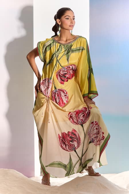 Shop_Pria Kataria Puri_Yellow Crepe Print Tulip Blossom Boat Neck Ombre Kaftan _Online_at_Aza_Fashions