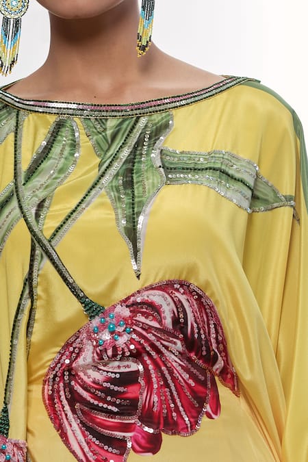 Shop_Pria Kataria Puri_Yellow Crepe Print Tulip Blossom Boat Neck Ombre Kaftan 