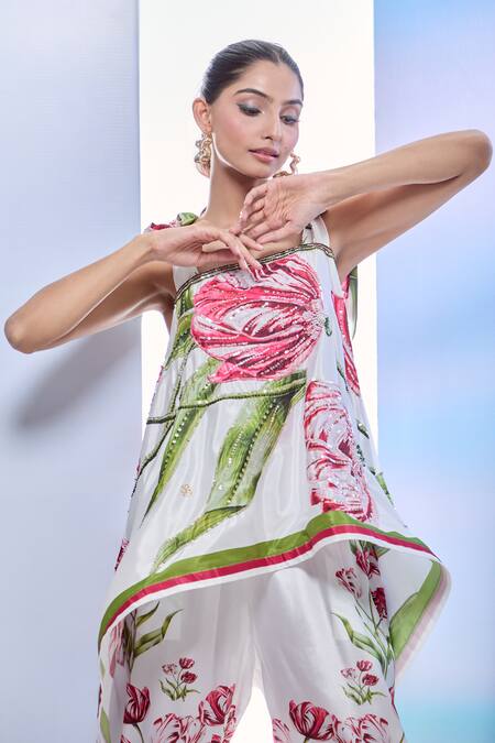 Pria Kataria Puri_White Silk Print Tulip Blossom Square Neck Asymmetric Top And Pant Set _at_Aza_Fashions