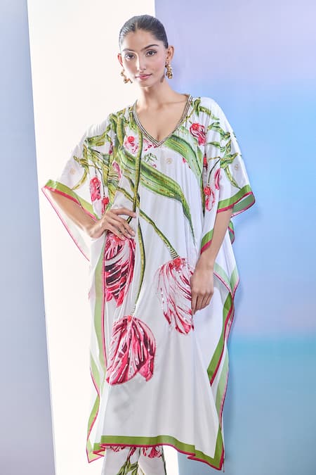 Shop_Pria Kataria Puri_White Crepe Print Tulip Blossom V Neck Kaftan And Pant Set _Online_at_Aza_Fashions