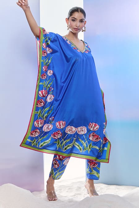 Buy_Pria Kataria Puri_Blue Silk Print Tulip Blossom V Neck Kaftan And Pant Set _Online_at_Aza_Fashions