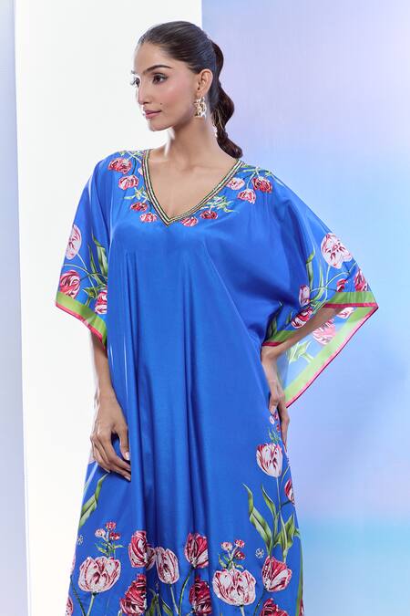 Shop_Pria Kataria Puri_Blue Silk Print Tulip Blossom V Neck Kaftan And Pant Set _Online_at_Aza_Fashions