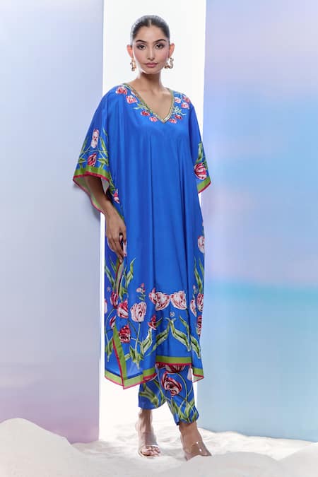 Pria Kataria Puri_Blue Silk Print Tulip Blossom V Neck Kaftan And Pant Set _at_Aza_Fashions