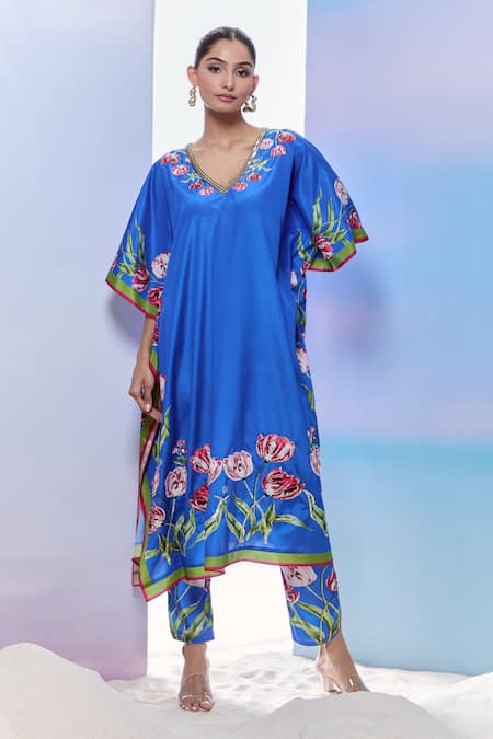 Shop_Pria Kataria Puri_Blue Silk Print Tulip Blossom V Neck Kaftan And Pant Set 