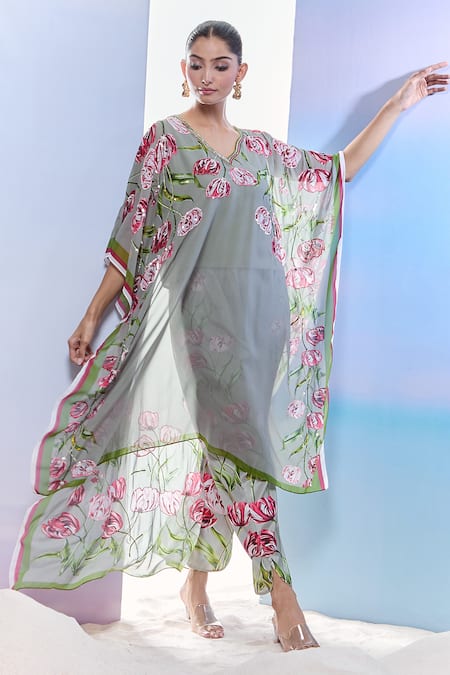 Pria Kataria Puri Grey Georgette Tulip Blossom Kaftan Set 