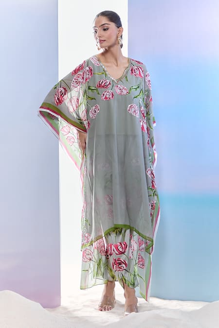 Buy_Pria Kataria Puri_Gray Georgette Print Tulip Blossom V Neck Grey Kaftan Set _Online_at_Aza_Fashions