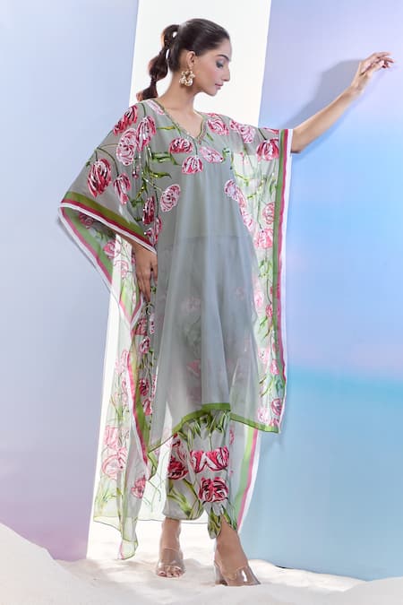 Shop_Pria Kataria Puri_Gray Georgette Print Tulip Blossom V Neck Grey Kaftan Set _Online_at_Aza_Fashions
