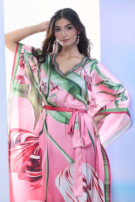 Shop_Pria Kataria Puri_Red Satin Sequins V-neck Embellished Tulip Print Kaftan _Online_at_Aza_Fashions