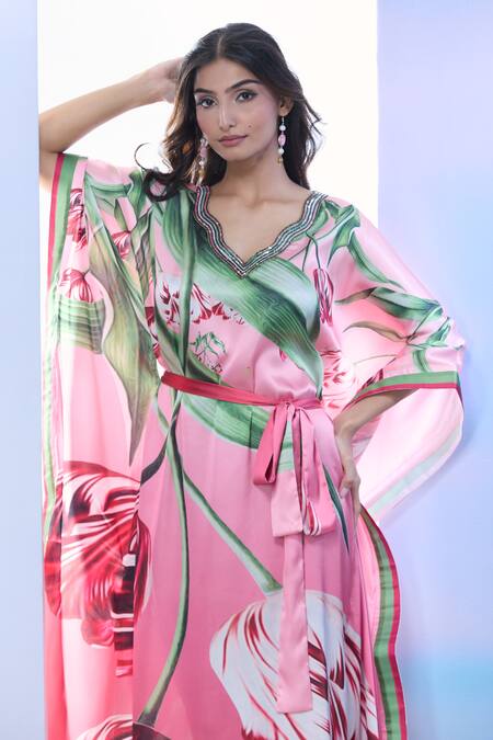 Pria Kataria Puri_Red Satin Sequins V-neck Embellished Tulip Print Kaftan _at_Aza_Fashions