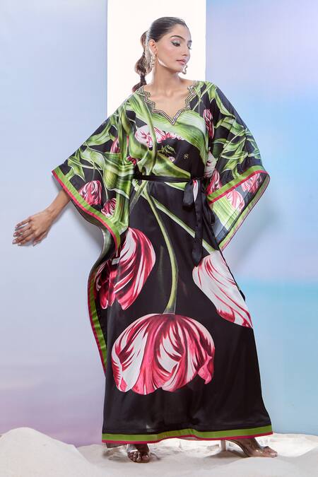 Shop_Pria Kataria Puri_Black Satin Printed Tulip Wavy V-neck Sequined Kaftan _Online_at_Aza_Fashions