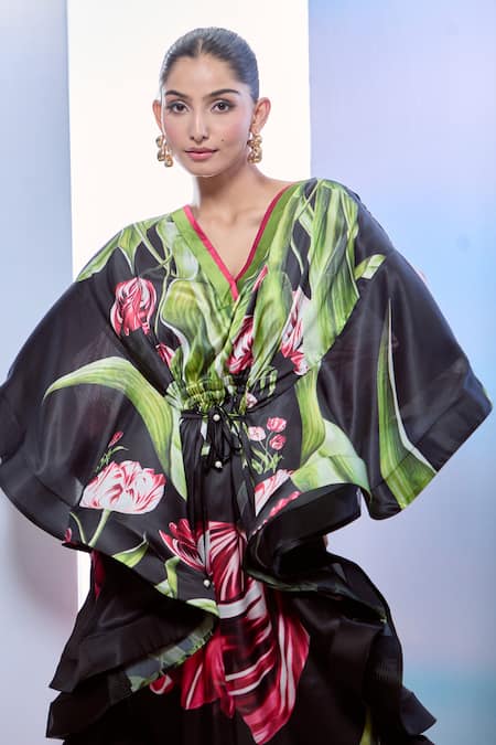 Shop_Pria Kataria Puri_Black Satin Printed Tulip V-neck Asymmetric Kaftan _Online_at_Aza_Fashions