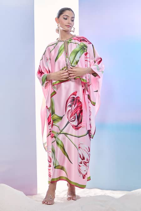 Pria Kataria Puri Tulip Print Satin Jacket Kaftan Set 