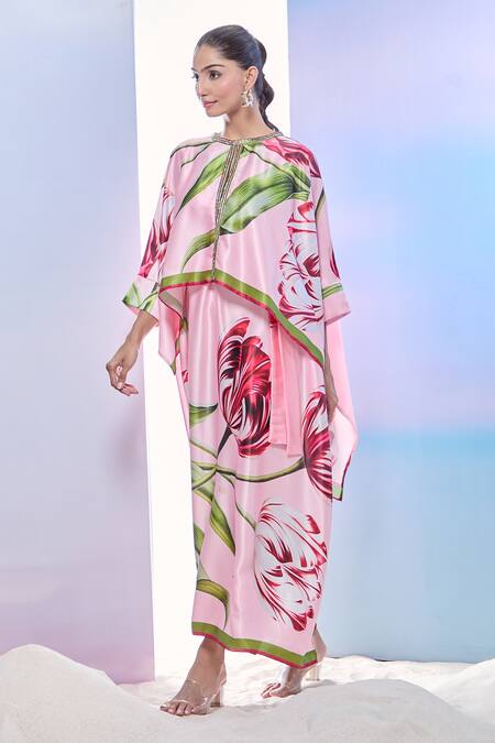 Buy_Pria Kataria Puri_Pink Satin Sequins Round Neck Tulip Print Jacket Kaftan Set _Online_at_Aza_Fashions