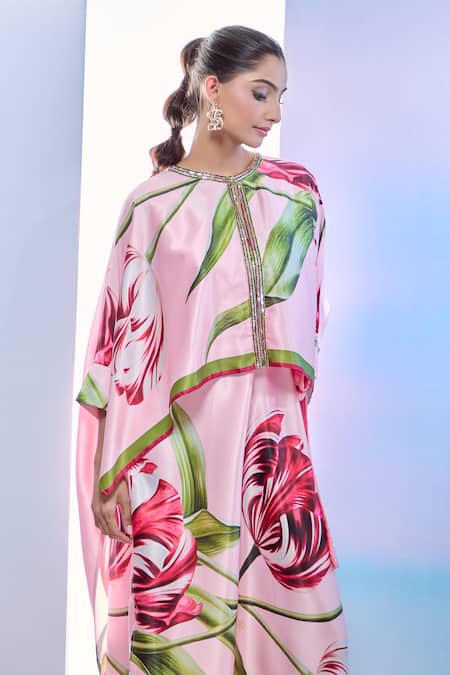 Shop_Pria Kataria Puri_Pink Satin Sequins Round Neck Tulip Print Jacket Kaftan Set _Online_at_Aza_Fashions
