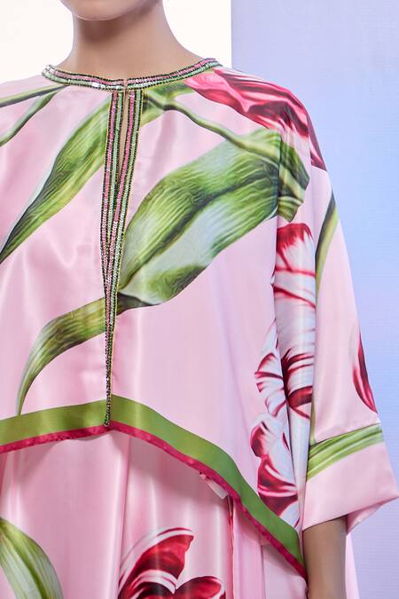 Buy_Pria Kataria Puri_Pink Satin Sequins Round Neck Tulip Print Jacket Kaftan Set 