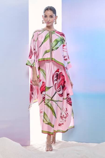 Shop_Pria Kataria Puri_Pink Satin Sequins Round Neck Tulip Print Jacket Kaftan Set 