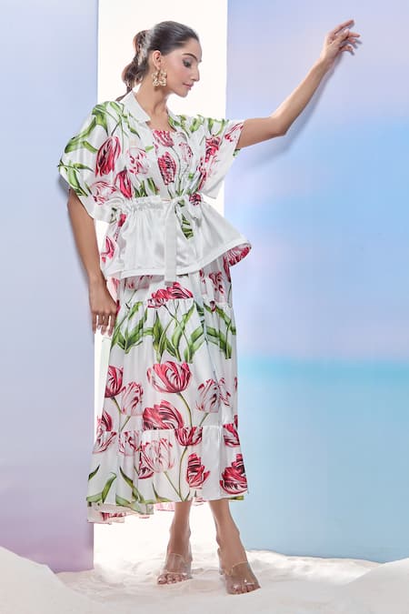 Buy_Pria Kataria Puri_White Satin Printed Tulip Jacket Mandarin Collar And Dress Set _Online_at_Aza_Fashions