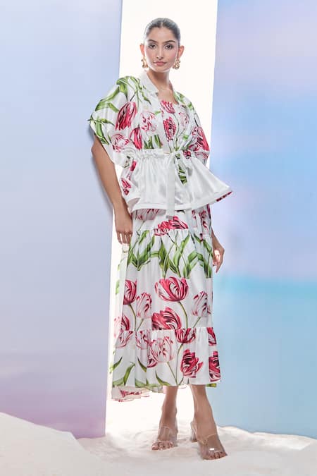 Shop_Pria Kataria Puri_White Satin Printed Tulip Jacket Mandarin Collar And Dress Set _Online_at_Aza_Fashions