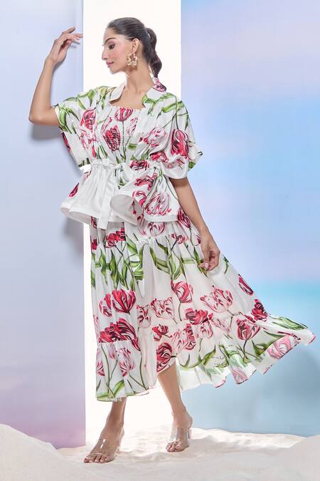 Pria Kataria Puri_White Satin Printed Tulip Jacket Mandarin Collar And Dress Set _at_Aza_Fashions